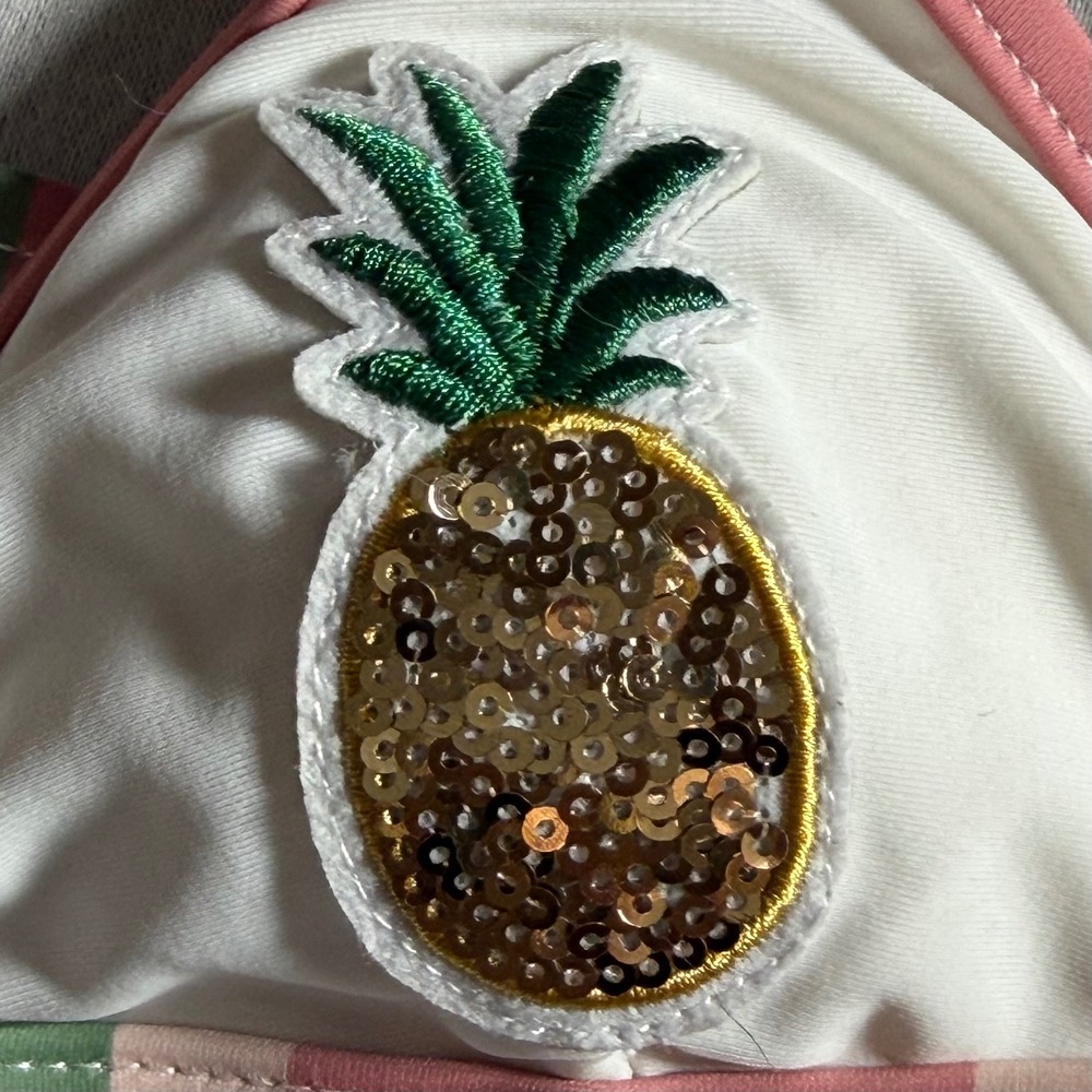 Kensie Pink Green Striped Pineapple Sequin Triangle Bikini Top White Size S - Picture 7 of 7